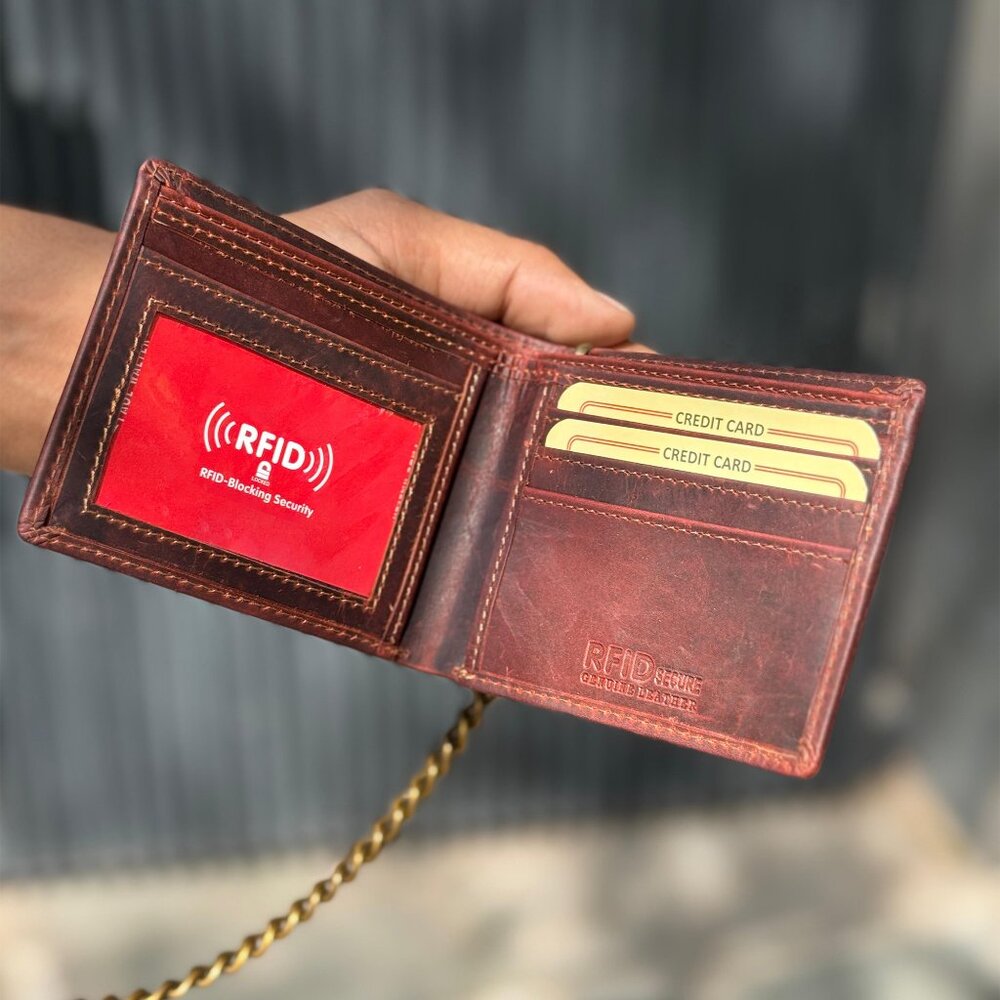 Bifold Mens Hunter Leather Biker Long Chain Wallet with RFID Blocking